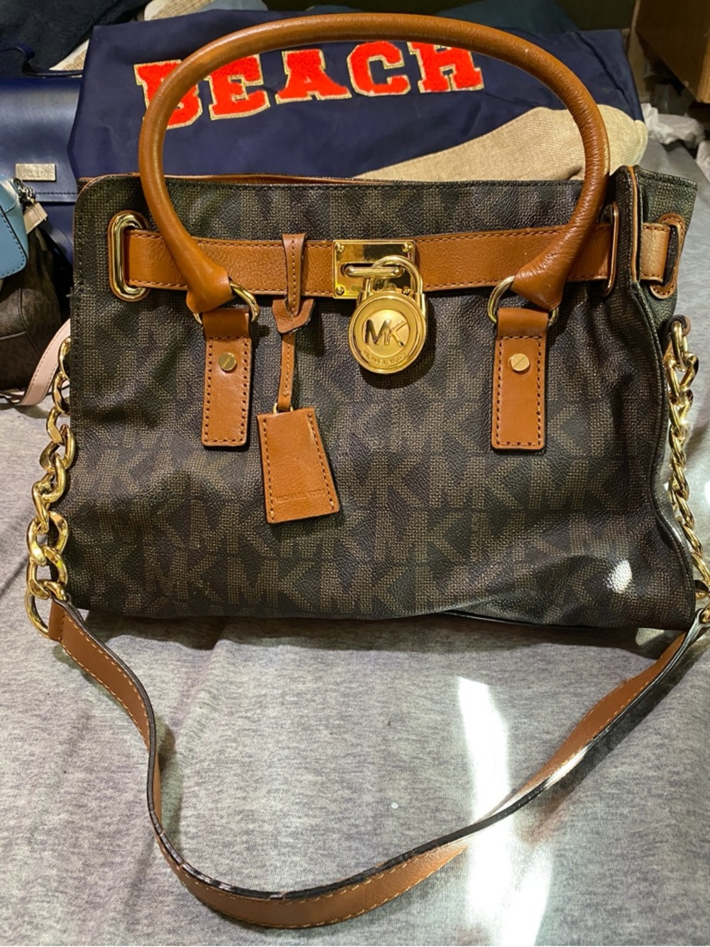 Michael Kors Brown and Tan Logo Satchel with Gold Hardware